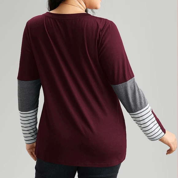 Bloomchic Burgundy Colorblock Contrast Striped V Neck T-shirt Women’s 1X 14-16 - Picture 10 of 11